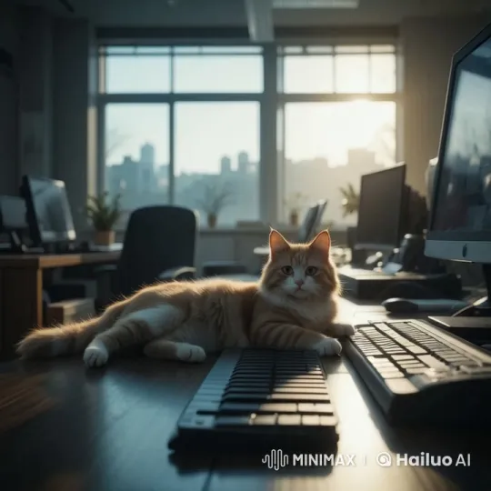 Curious Cat in Tranquil Office with Sunset View – AI Generated Video | Hailuo AI
