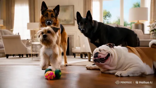 Dogs' Playful Day in Luxurious Home: Aesthetic Cinematic Study – AI Generated Video | Hailuo AI