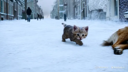 Kitten's Brave Rescue of Injured Dog in Winter Street – AI Generated Video | Hailuo AI
