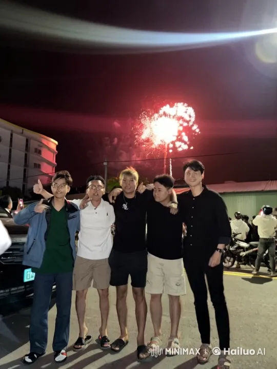 Friends Showcase Martial Arts with Fireworks Backdrop – AI Generated Video | Hailuo AI
