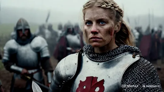 Female Warrior: Determined Gaze Amidst Medieval Battle – AI Generated Video | Hailuo AI