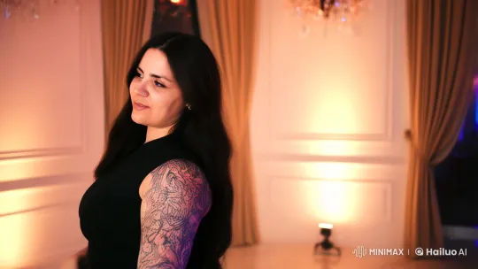 Elegant Woman with Tattoos Dancing in Dimly Lit Room – AI Generated Video | Hailuo AI