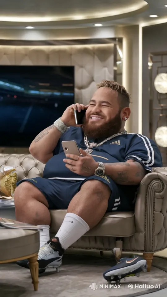 Neymar on Sofa, Engaged in Phone Call in Dimly Lit Lounge – AI Generated Video | Hailuo AI