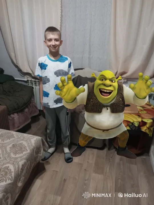 Boy Kisses 3D Shrek in Cozy Room Setting – AI Generated Video | Hailuo AI