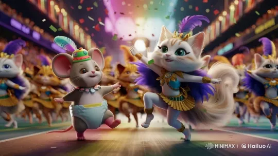 Cute Mouse and Cat Samba Dance in Vibrant Carnival – AI Generated Video | Hailuo AI