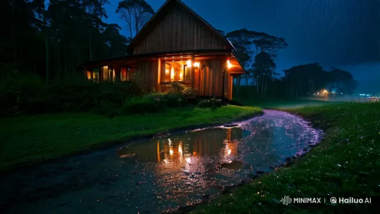 Cozy Cabin Contrast in Stormy Forest Night – AI Generated Video | Hailuo AI