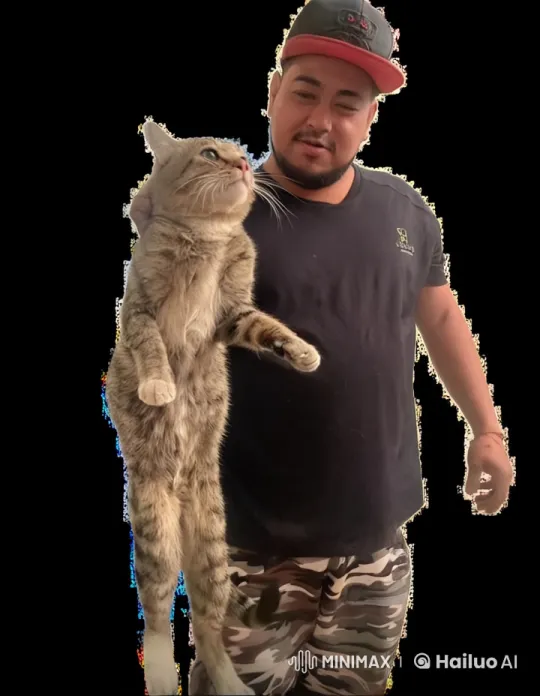 Man Playfully Engages with Cat in Dark Background – AI Generated Video | Hailuo AI