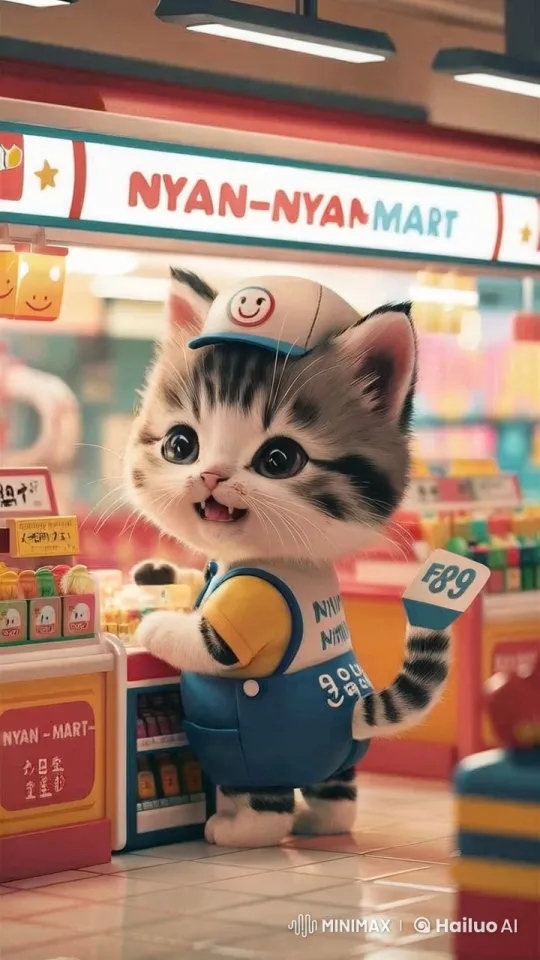 Kawaii Kitten Serves Joy at NYANNYAN-MART – AI Generated Video | Hailuo AI
