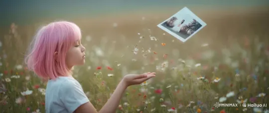 Pink-haired Girl Admires Photo in Gentle Breeze – AI Generated Video | Hailuo AI