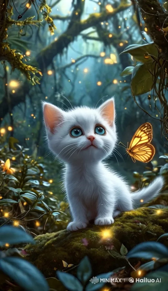 Kitten Enjoys Serene Moment with Butterfly in Animated Forest – AI Generated Video | Hailuo AI