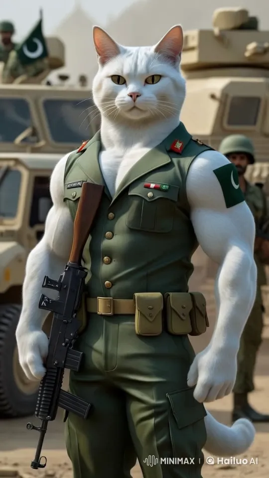 3D Muscular Cat in Pakistani Army Uniform Leads Military Operation – AI Generated Video | Hailuo AI