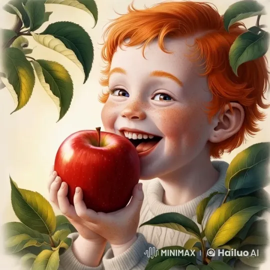 Child Admires Shiny Apple in Serene Orchard Setting – AI Generated Video | Hailuo AI