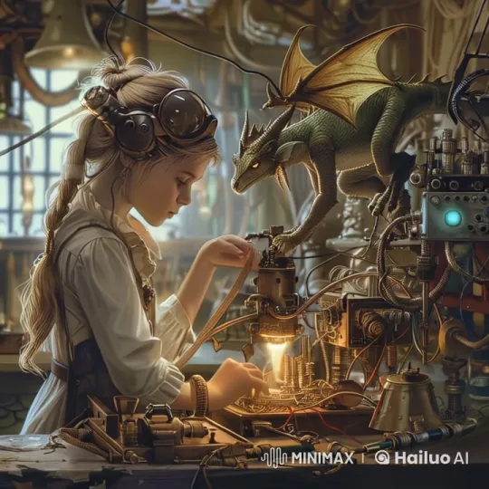 Steampunk Girl & Dragon Craft in Animated Lab – AI Generated Video | Hailuo AI