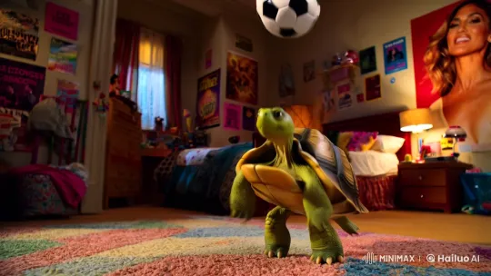 Whimsical Turtle Juggles Soccer Ball in Cozy Bedroom – AI Generated Video | Hailuo AI