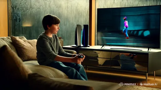 Boy Enjoys PlayStation in Cozy, Rainy-Day Room – AI Generated Video | Hailuo AI
