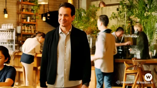 Confident Man in a Bustling Coffee Shop – AI Generated Video | Hailuo AI