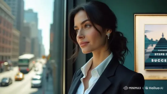 Professional Woman Observes City Life in Cinematic Scene – AI Generated Video | Hailuo AI