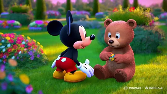 Mickey Mouse and Baby Bear Share a Serene Garden Moment – AI Generated Video | Hailuo AI