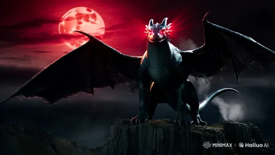 Majestic Black Dragon on a Stormy Mountain Under a Red Moon – AI Generated Video | Hailuo AI