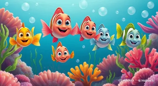 Cheerful Cartoon Fish Swim in Colorful Coral Reef – AI Generated Video | Hailuo AI