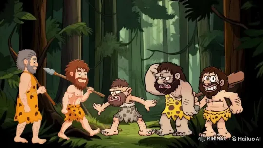 Cavemen Strategize Hunt in Lush Forest – AI Generated Video | Hailuo AI