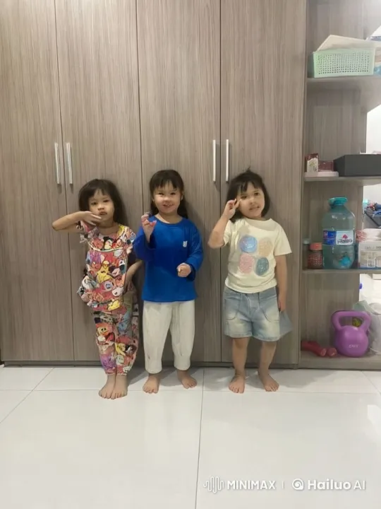 Three Children Displaying Kung Fu Skills in Front of Wardrobe – AI Generated Video | Hailuo AI