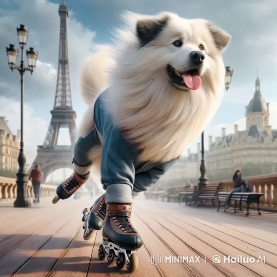 Fluffy Dog Skates Joyfully Near Eiffel Tower – AI Generated Video | Hailuo AI