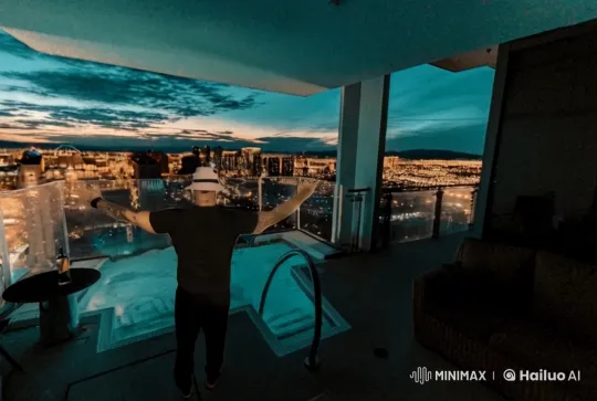 Rooftop Pool Dive with Cityscape Background – AI Generated Video | Hailuo AI