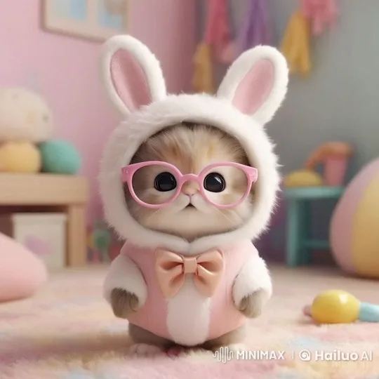 Fluffy Kitten in Bunny Costume in Pastel Room – AI Generated Video | Hailuo AI