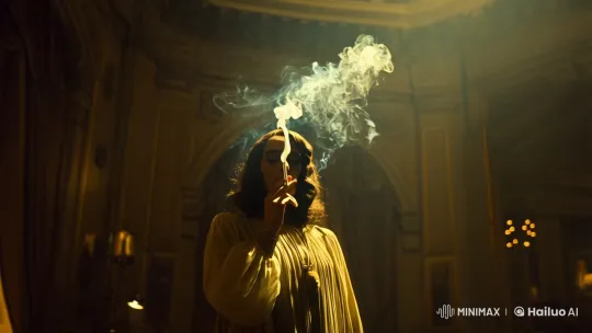 Mysterious Figure in Elegant, Smoky Room – AI Generated Video | Hailuo AI