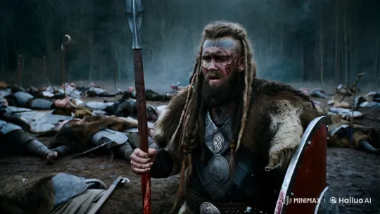 Viking Warrior Stands Amidst Post-Battlefield Remnants – AI Generated Video | Hailuo AI