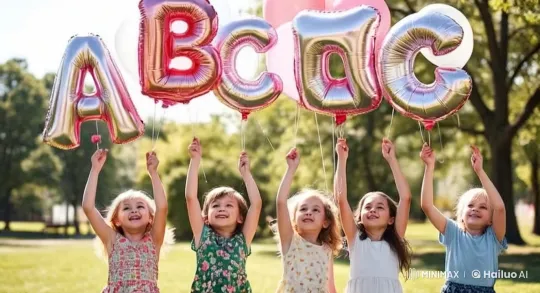 Joyful Kids with Shiny ABC Balloons in Sunny Park – AI Generated Video | Hailuo AI