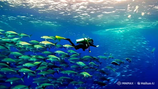 Diver and Synchronized School of Fish in Underwater Ballet – AI Generated Video | Hailuo AI