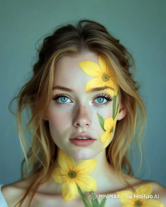 Serene Blonde Model with Painted Flowers and Flowing Hair – AI Generated Video | Hailuo AI