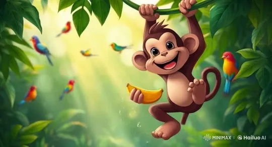 Monkey Swinging in a Colorful Jungle with Birds – AI Generated Video | Hailuo AI