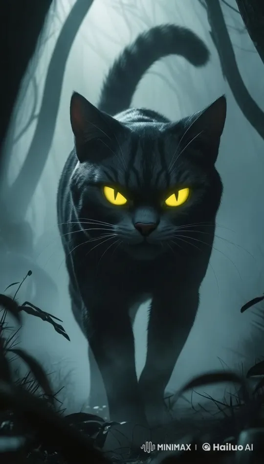 Mysterious Cat with Glowing Eyes in Foggy Landscape – AI Generated Video | Hailuo AI