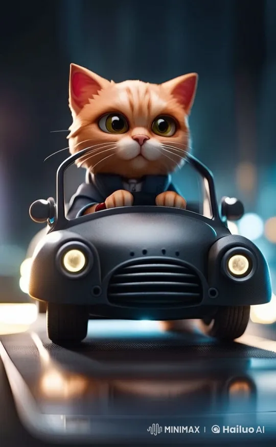 Cute Cat in Smart Attire Vigilantly Drives Through Neon Cityscape – AI Generated Video | Hailuo AI