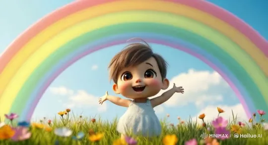 Child Dancing Joyfully Under Rainbow in Meadow – AI Generated Video | Hailuo AI