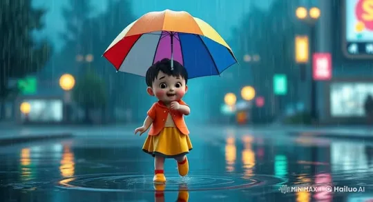 Child Joyfully Jumps in Rainy Cartoon Town Puddles – AI Generated Video | Hailuo AI