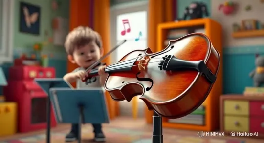 Joyful Child Plays Violin in Colorful Animated Room – AI Generated Video | Hailuo AI