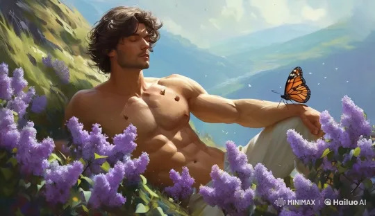 Muscular Man Rests Amidst Flowers with Butterfly – AI Generated Video | Hailuo AI