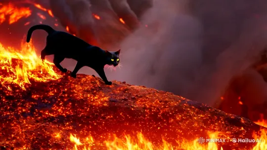 Black Cat Emerges from Fiery Mountain in Aesthetic Film Clip – AI Generated Video | Hailuo AI