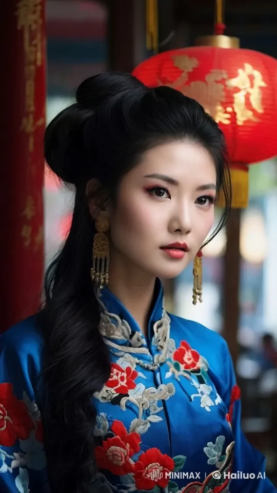 Woman in Blue Embroidered Garment by Lantern – AI Generated Video | Hailuo AI