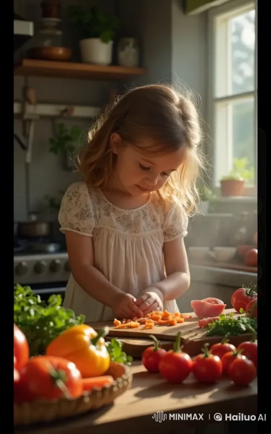 Rustic Kitchen: Little Girl Prepares Veggie Meal – AI Generated Video | Hailuo AI