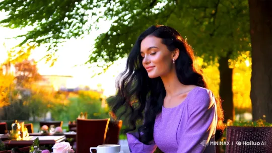 Morning Serenity: A Young Woman in a Garden Café – AI Generated Video | Hailuo AI