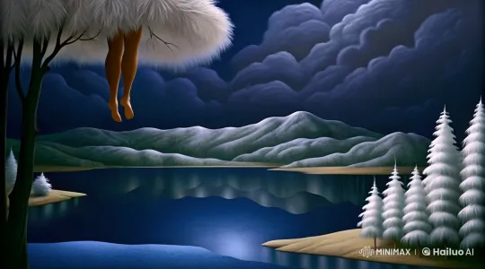 Man Dangles from Fur-Laden Tree on Snowy Night – AI Generated Video | Hailuo AI