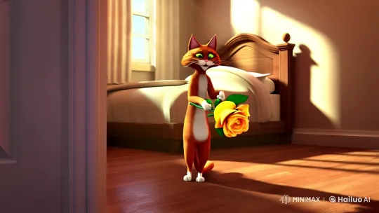 Cat with Rose in Cozy Bedroom Setting – AI Generated Video | Hailuo AI