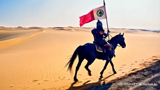 Moroccan Warrior Rides Across Vast Desert with Flag – AI Generated Video | Hailuo AI