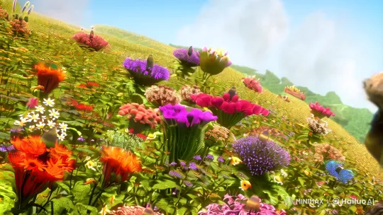 Close-up of Determined, Dirty Alien Animal Amidst Ancient Flowerfield – AI Generated Video | Hailuo AI