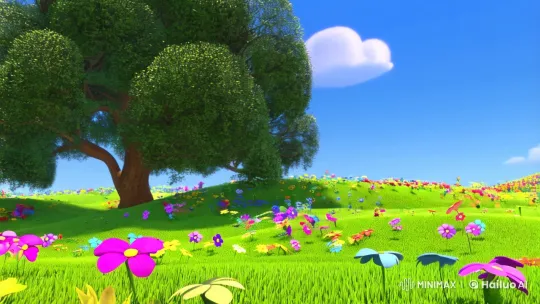Vibrant Meadow Scene with Cat and Rabbit Race – AI Generated Video | Hailuo AI